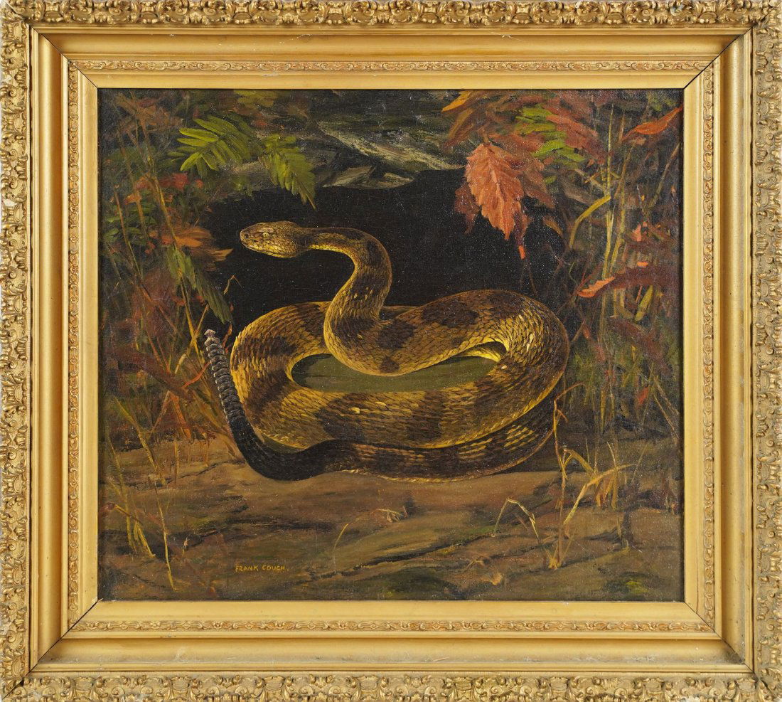 Antique Texas Rattle Snake Animal Portrait Oil Painting (1 of 6)