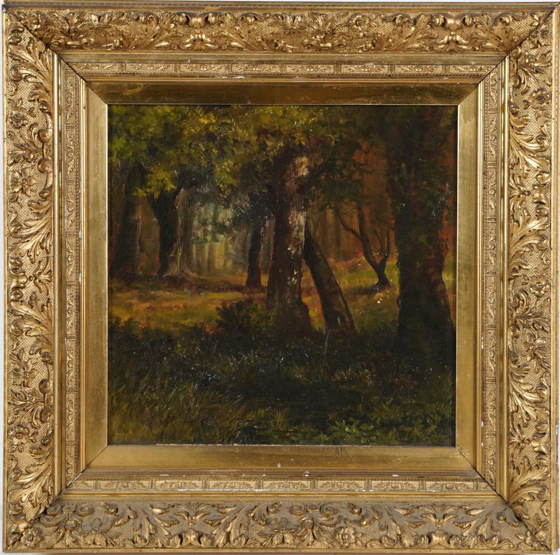 Antique American Hudson River School Forest Oil Painting: Oil on canvas. Unsigned. Period frame. Image size, 14H x 14L