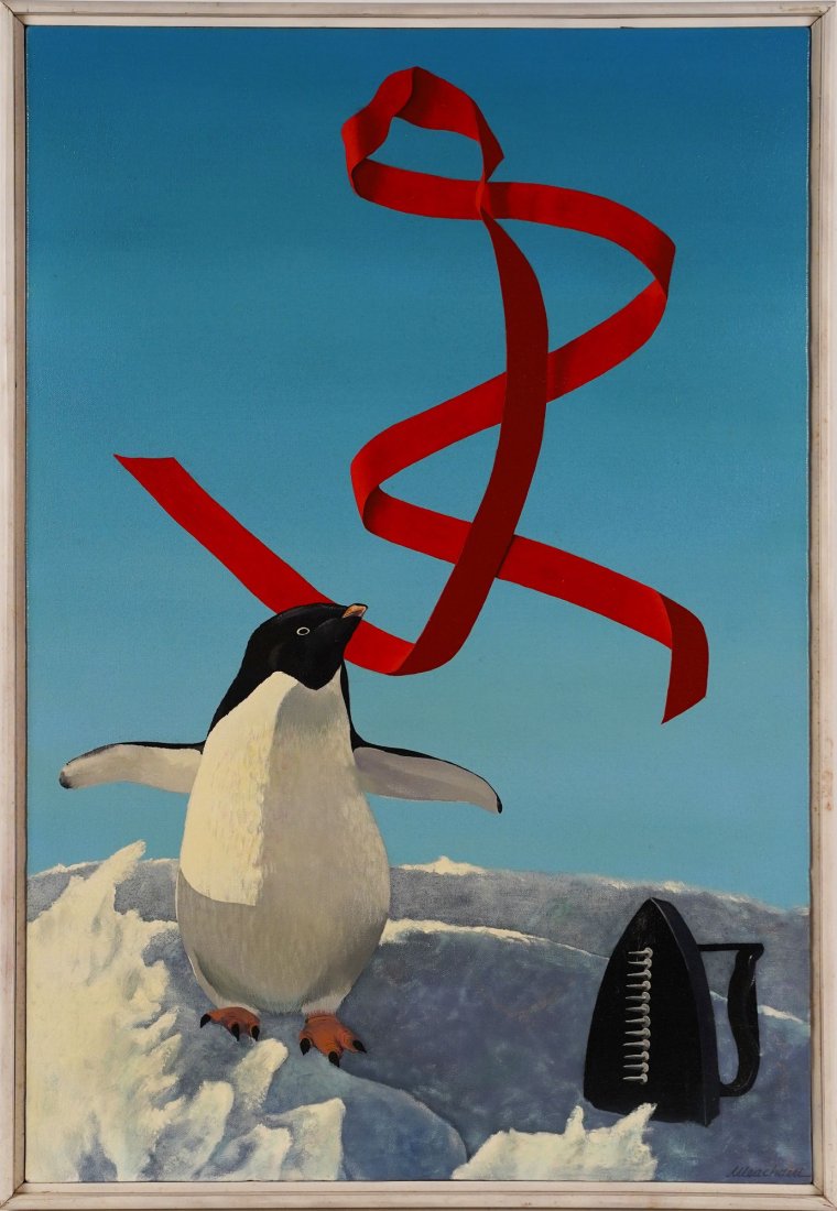 Vintage American Surreal Penguin Winter Portrait Oil Painting (1 of 6)