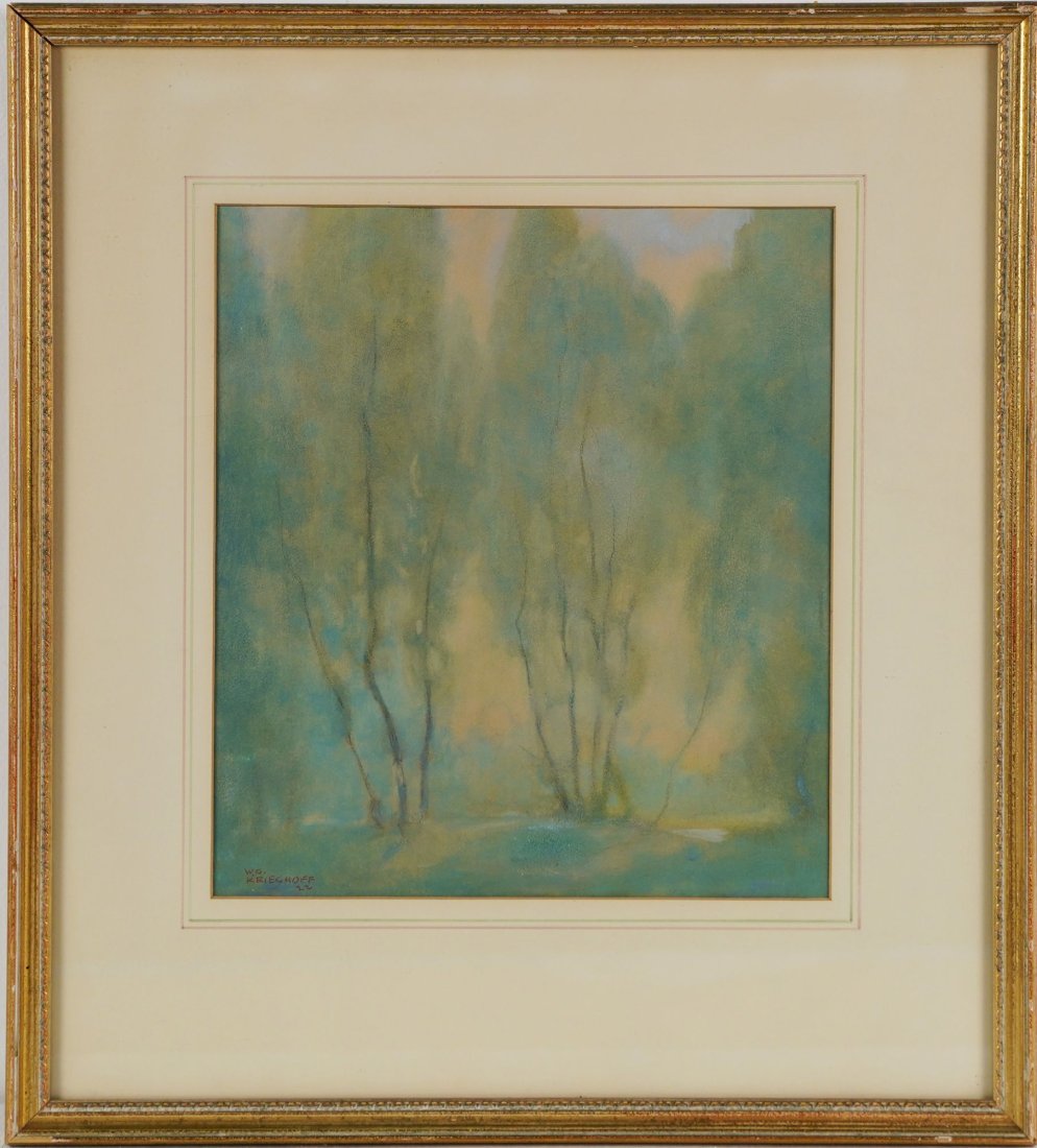 William Krieghoff Signed Impressionist Nude River Landscape Painting: Antique American impressionist landscape painting with a nude woman by a river's edge by William George Krieghoff (1875 - 1930) . Oil and goauche on paper. Signed. Framed. Image size, 11L x 13H.