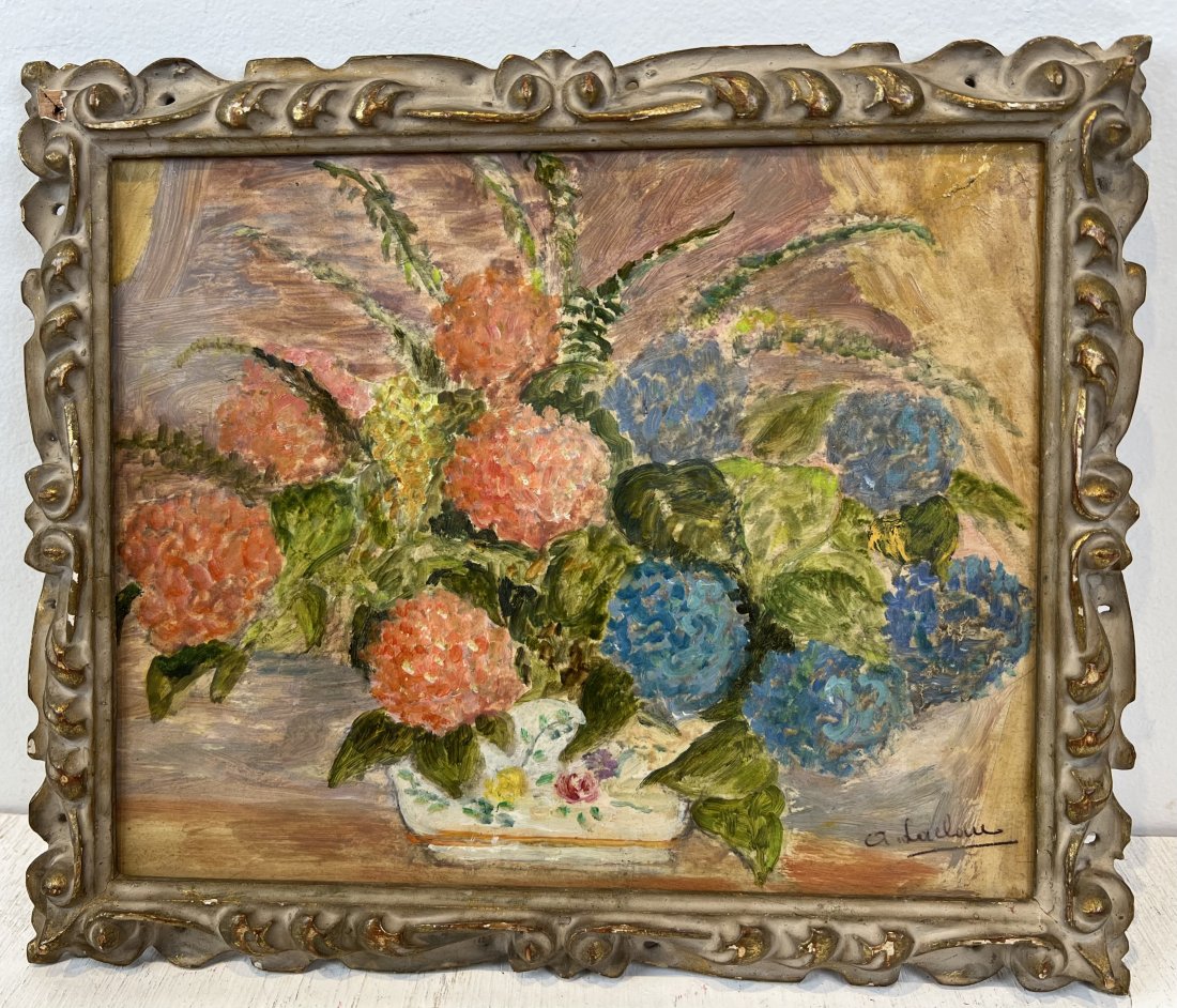 Signed European Impressionist Flower Still Life Oil Painting: Antique european impressionist flower still life. Oil on board. Giltwood frame. Image size, 10L x 8H.