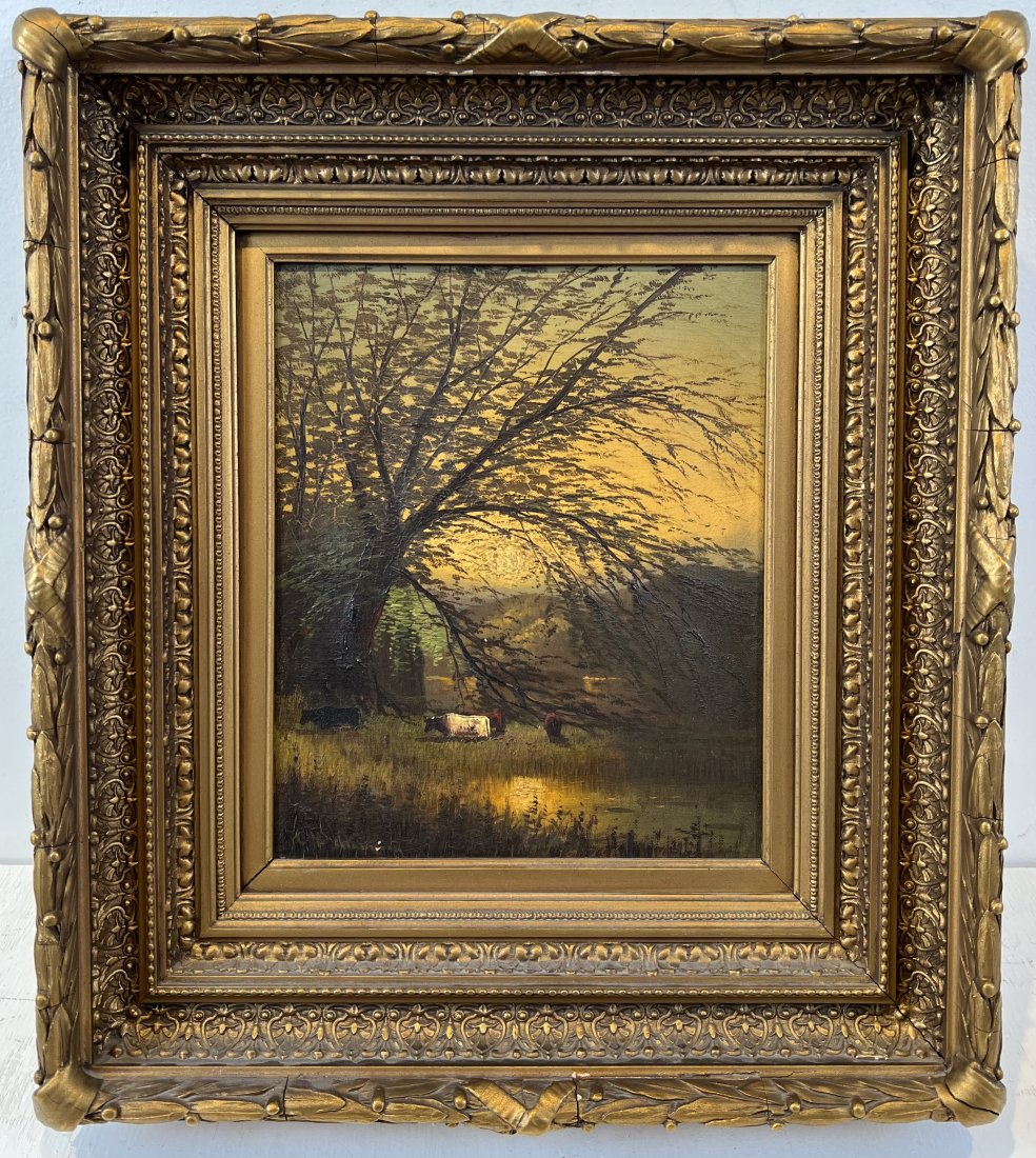 Southern School Sunset Cow Landscape Signed Important Painting (1 of 8)