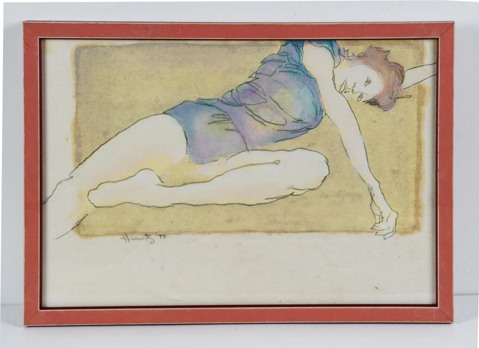 Mid-century modern lounging woman pastel: Mixed-media painting on paper depicting the 1970s woman reclining. Presented in red wood frame. Artist Florence Hurewitz (1922-2016) of New Jersey is known for her artistic interpretation of the femal