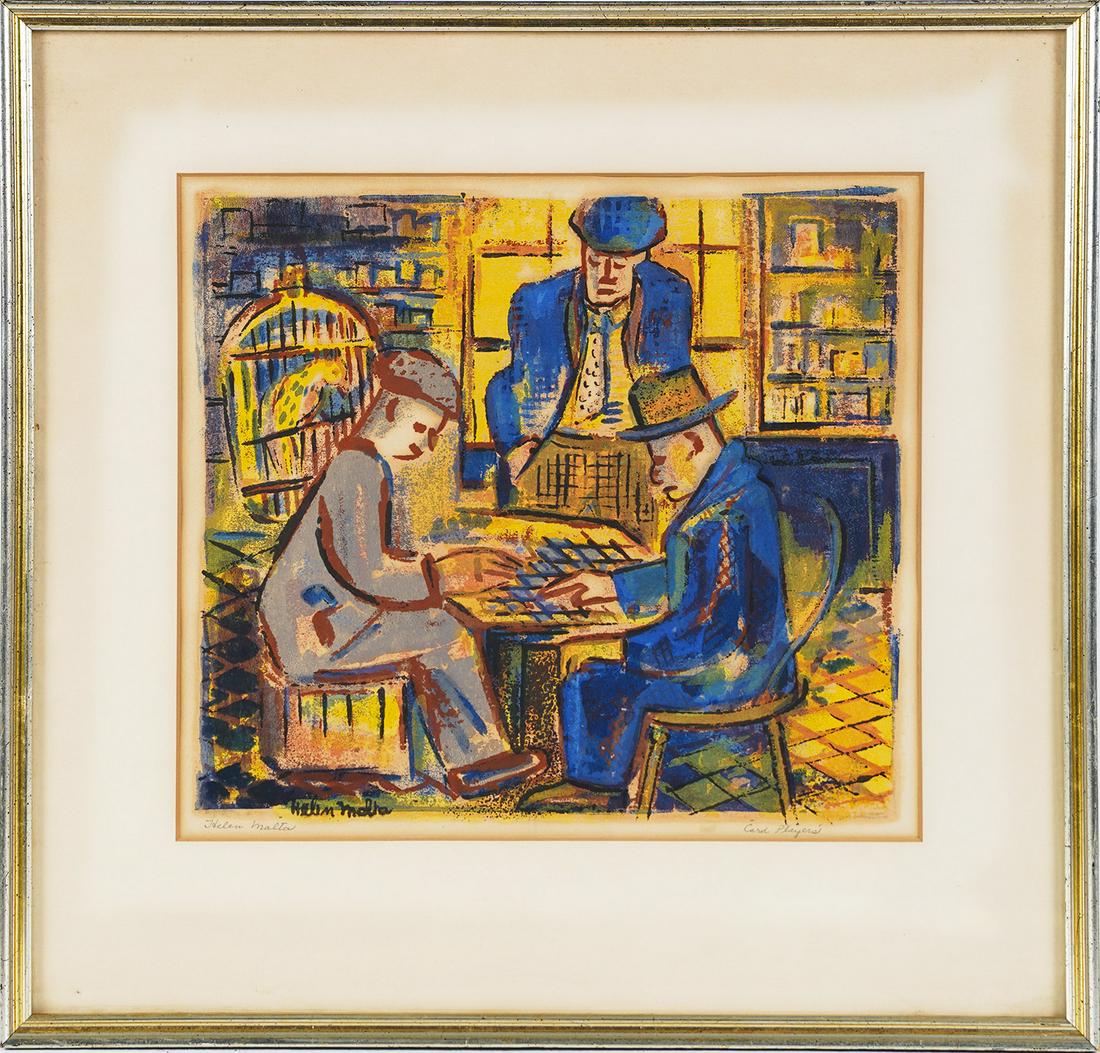 Playing Checkers Signed Helen Malta WPA Original Print: Vintage Helen Malta Print. Image size, 11.25 by 12. Signed. Framed