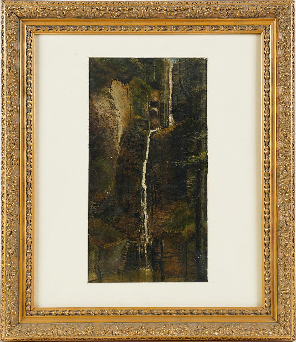 Antique Hudson River School Waterfall Oil Painting Paper Sketch (1 of 5)