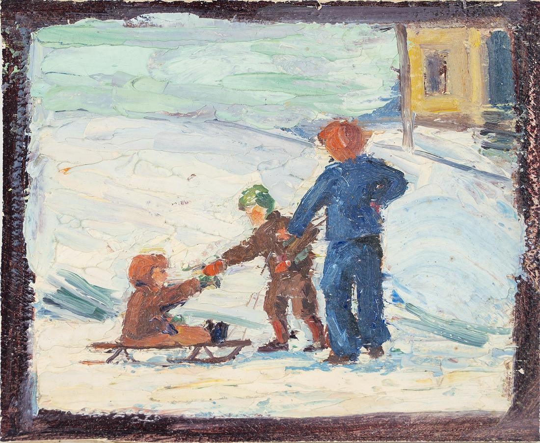 Antique American Impressionist Kids Sledding Oil Painting: Oil on board. Unsigned. Image size, 6 by 4.5.