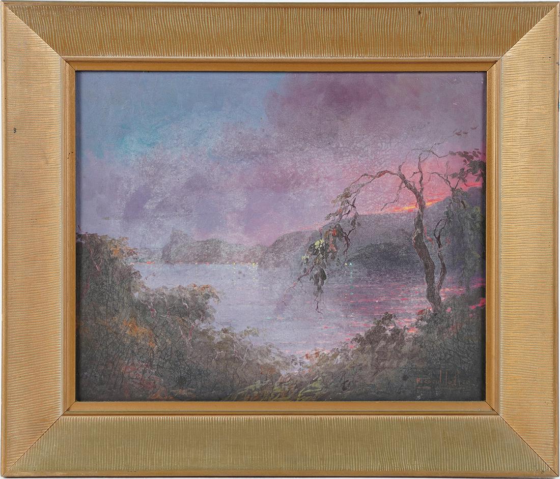 Francisco Coculilo Impressionist Rio Brazil Sunset Oil Painting: Antique Brazilian signed Rio oil painting by Francisco Coculilo (1895 - c.1970). Oil on canvas. Signed. Framed. Image size, 16L x 13H.