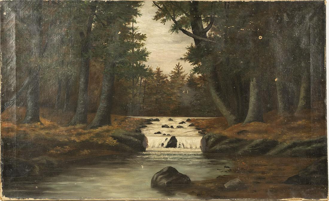 Signed American School Hudson River Waterfall Forest Interior Oil Painting (1 of 5)
