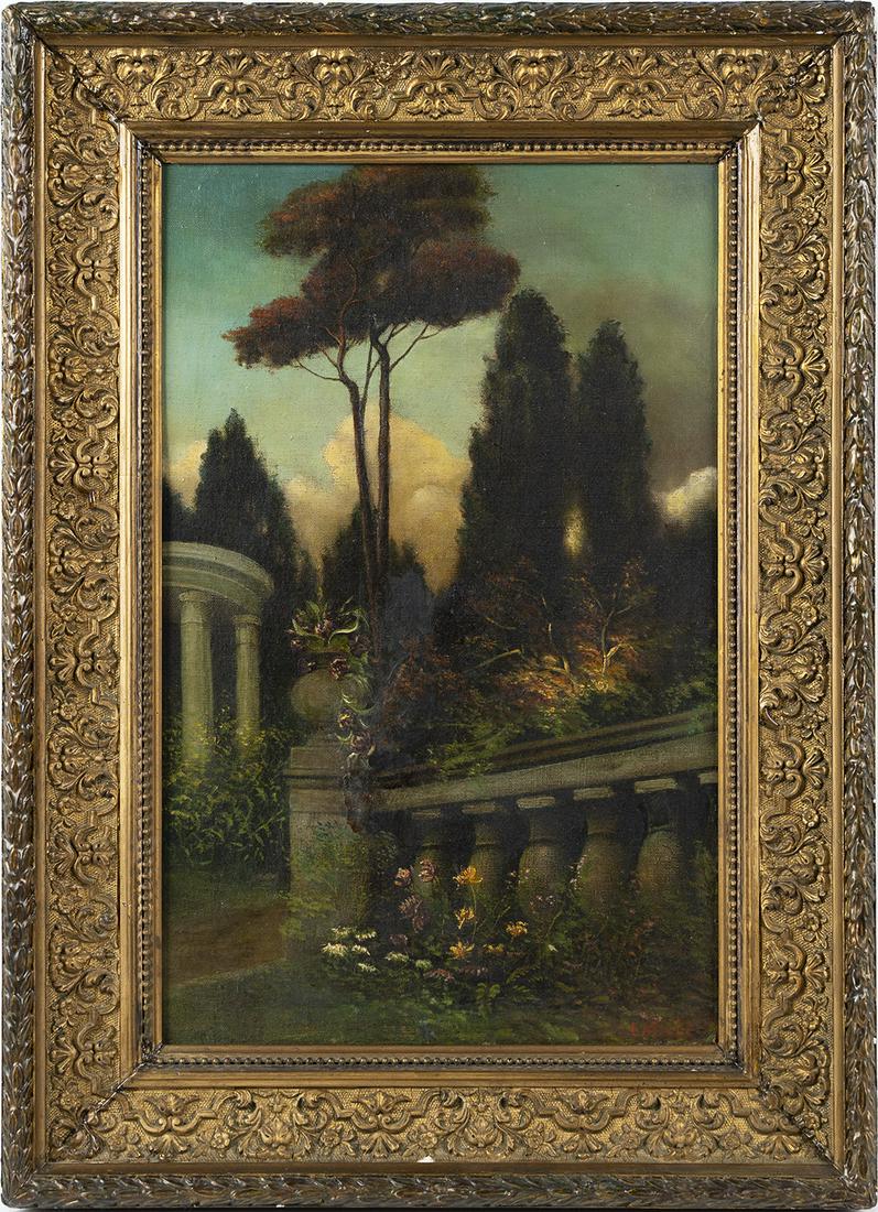 19th Century European Landscape Signed Flower Garden Castle Original Oil Painting (1 of 7)