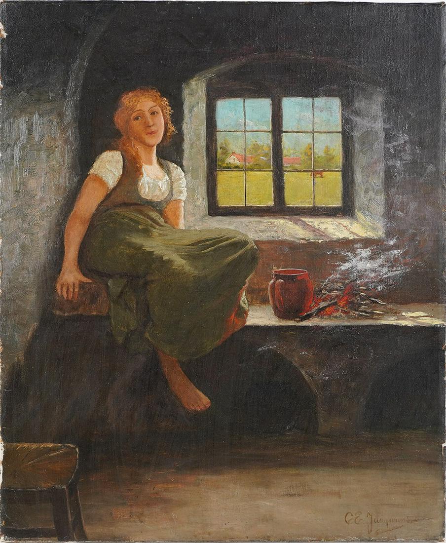 Antioque Early  American School Signed Portrait Interior Oil Painting (1 of 5)