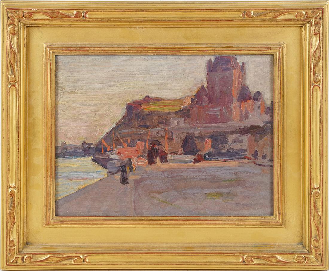 Major Early Canadian Impressionist Antique Quebec City View Oil Painting: Up for sale here is a great turn the century impressionist painting of Quebec. Really impressive in person with thick impasto and a sunset color palette. The painting is housed in a killer Lowy gold l