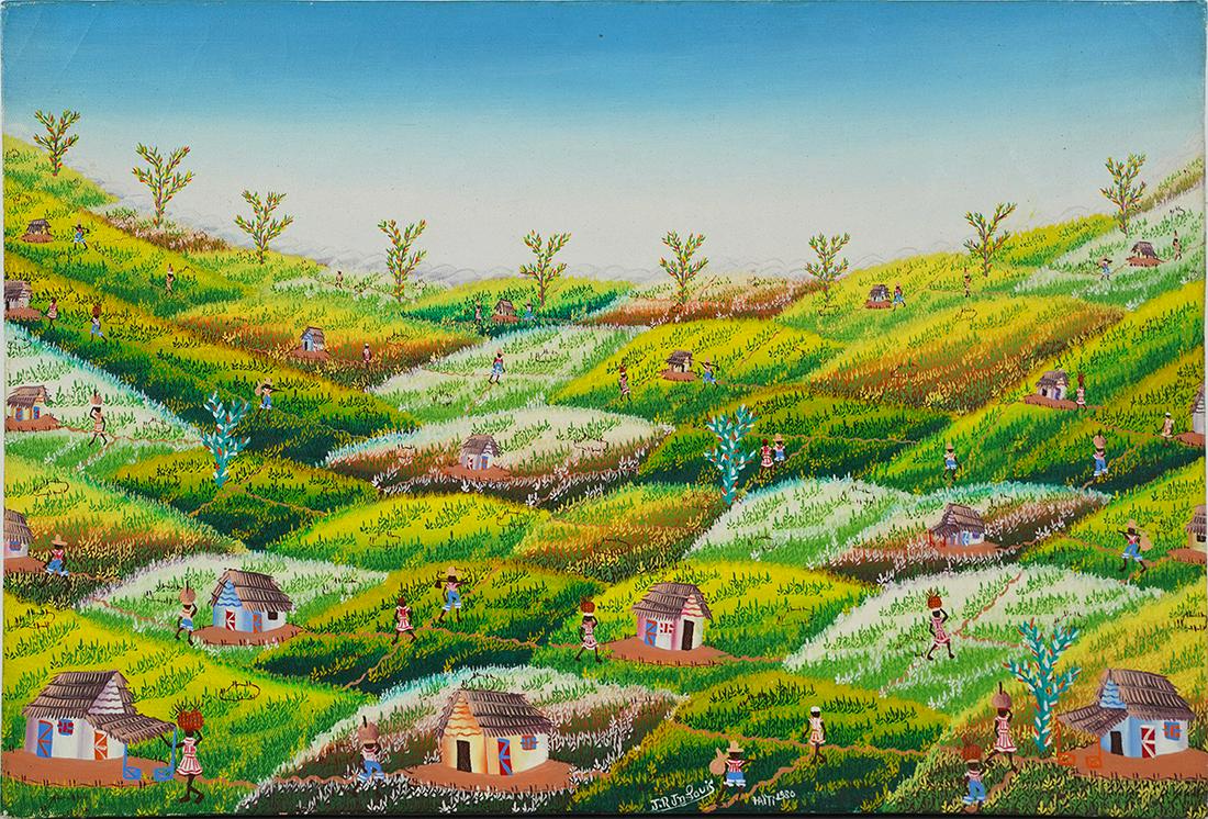 Vintage Signed Origianl Haitian Landscape Farming Scene Folk Art Oil Painting (1 of 8)