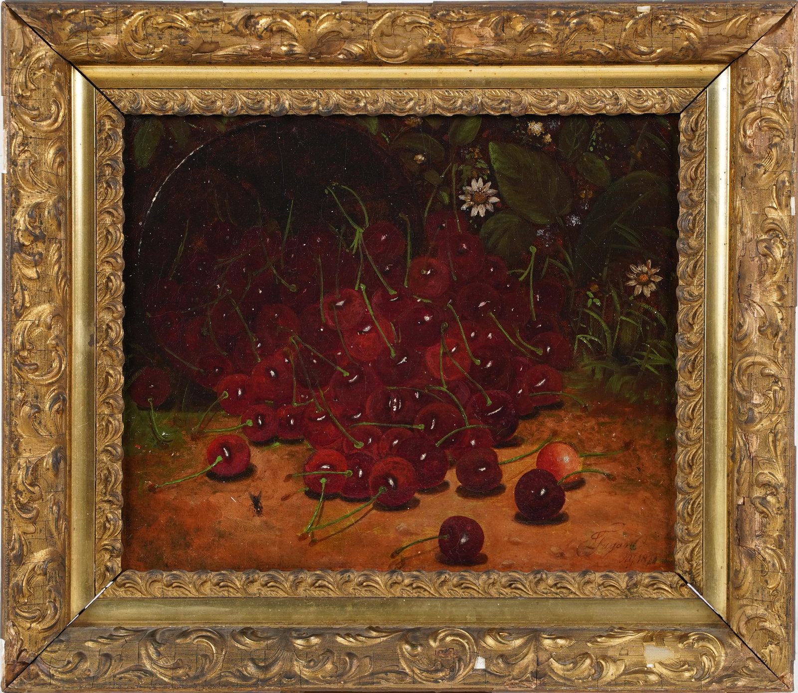Antique American School Signed Cherry Still Life Oil Painting 19th Century (1 of 5)
