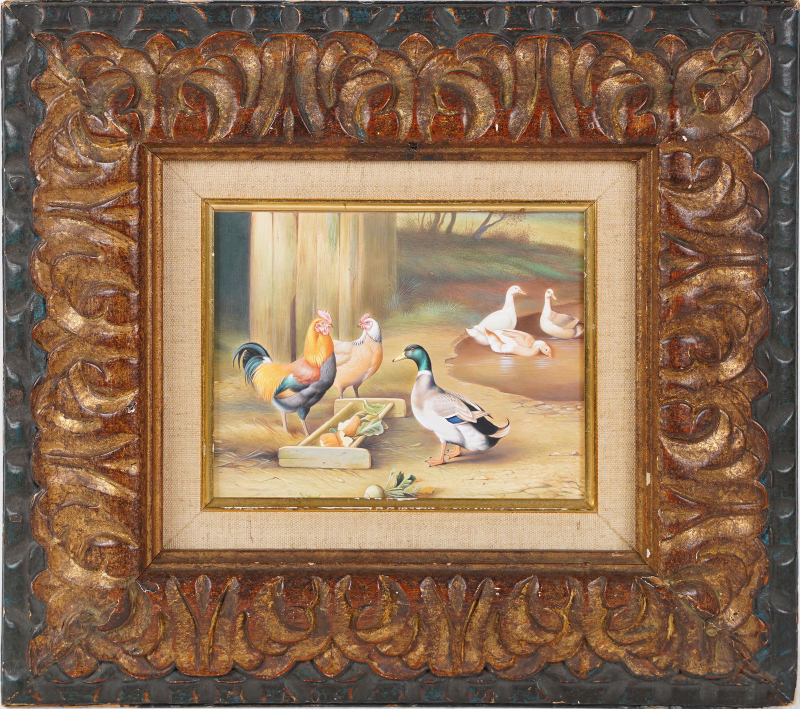 Antique Continental School Farm View Chickens and Ducks Grazing Painting (1 of 5)