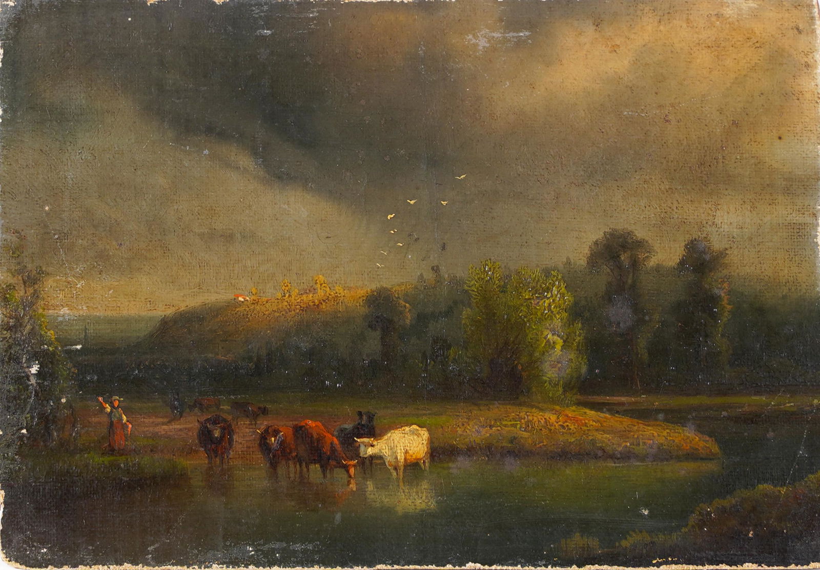 19th Century American Hudson River School Storm Approaching Cow Oil Painting (1 of 4)