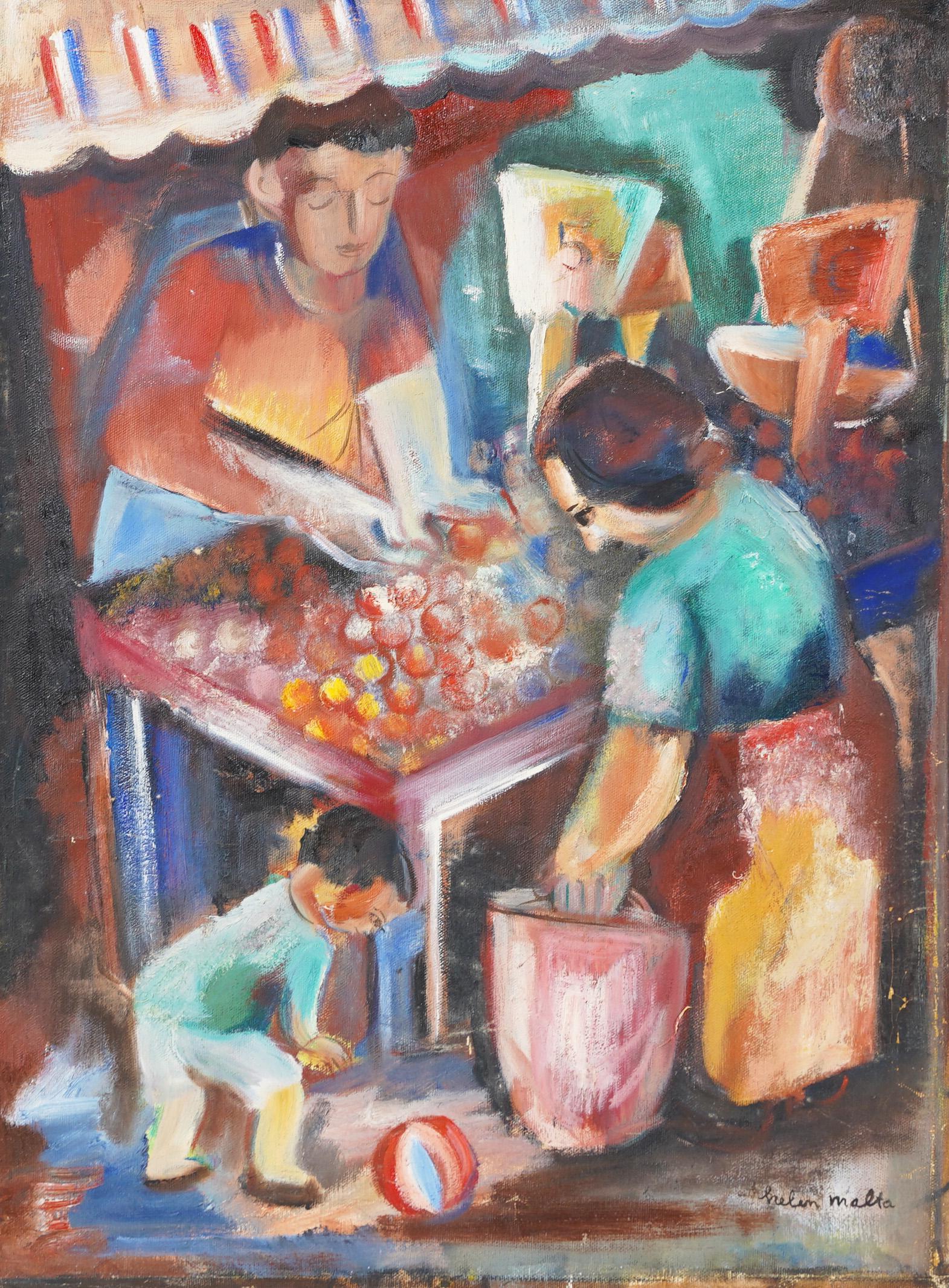 WPA New York City Street Scene Signed Helen Malta Original Oil Painting: Oil on canvas. Measuring 12L x 16H