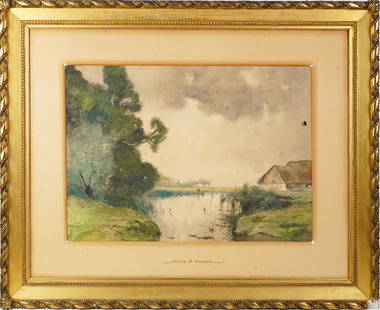 Henry Ward Ranger Antique Watercolor Lanscape Painting: One of a pair of nice watercolors on board by Henry Ward Ranger (1858 - 1915). Some damage!! Take a close look. Nicely framed. Image size, 30H x 38L