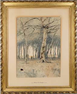 Henry Ward Ranger Antique American impressionist Landscape Painting: One of a pair of nice watercolors on board by Henry Ward Ranger (1858 - 1915). Some damage!! Take a close look. Nicely framed. Image size, 30H x 38L