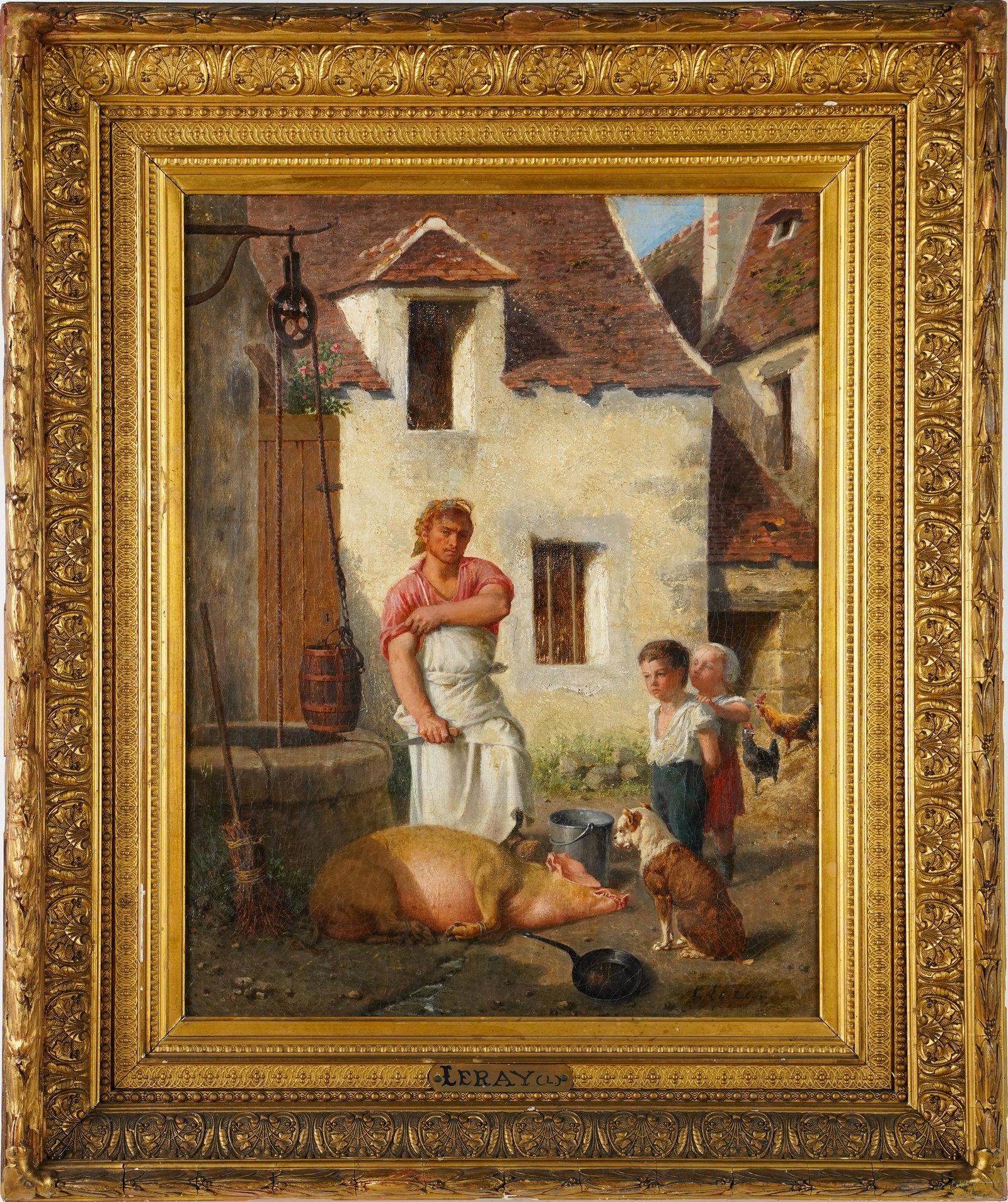 Impressive 19th Century Large Signed Pig Butcher Genre Oil Painting (1 of 10)