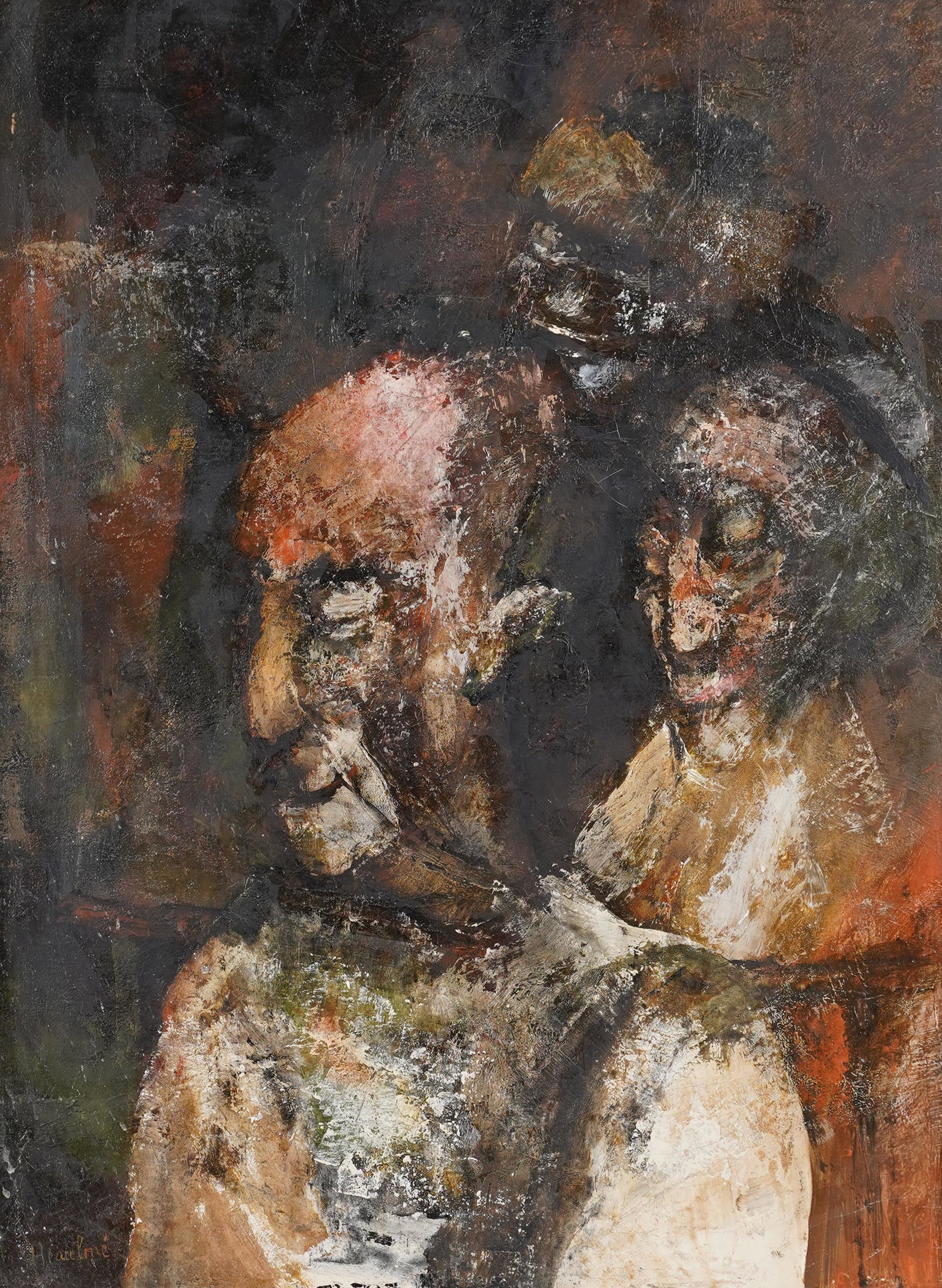 Paris Modern Abstract Expressionist Portrait Oil Painting: Vintage Paris modern school portrait painting. Oil on canvas. Unframed. Signed. Image size, 21.25L x 29H.