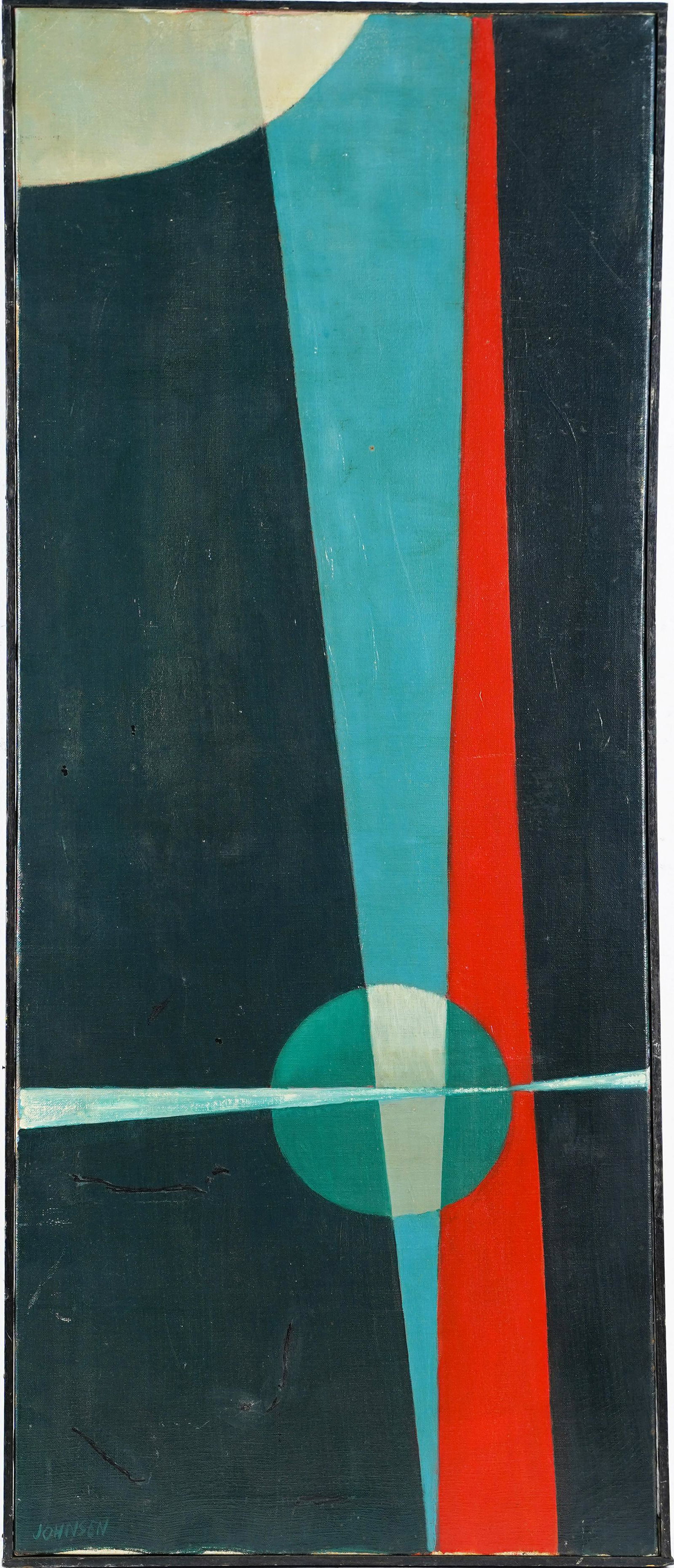 Antique American School Abstract Geometric Large Oil Painting Signed: Nice American school abstract expressionist signed oil painting. Oil on canvas. Signed. Framed. Image size, 16L x 40H.