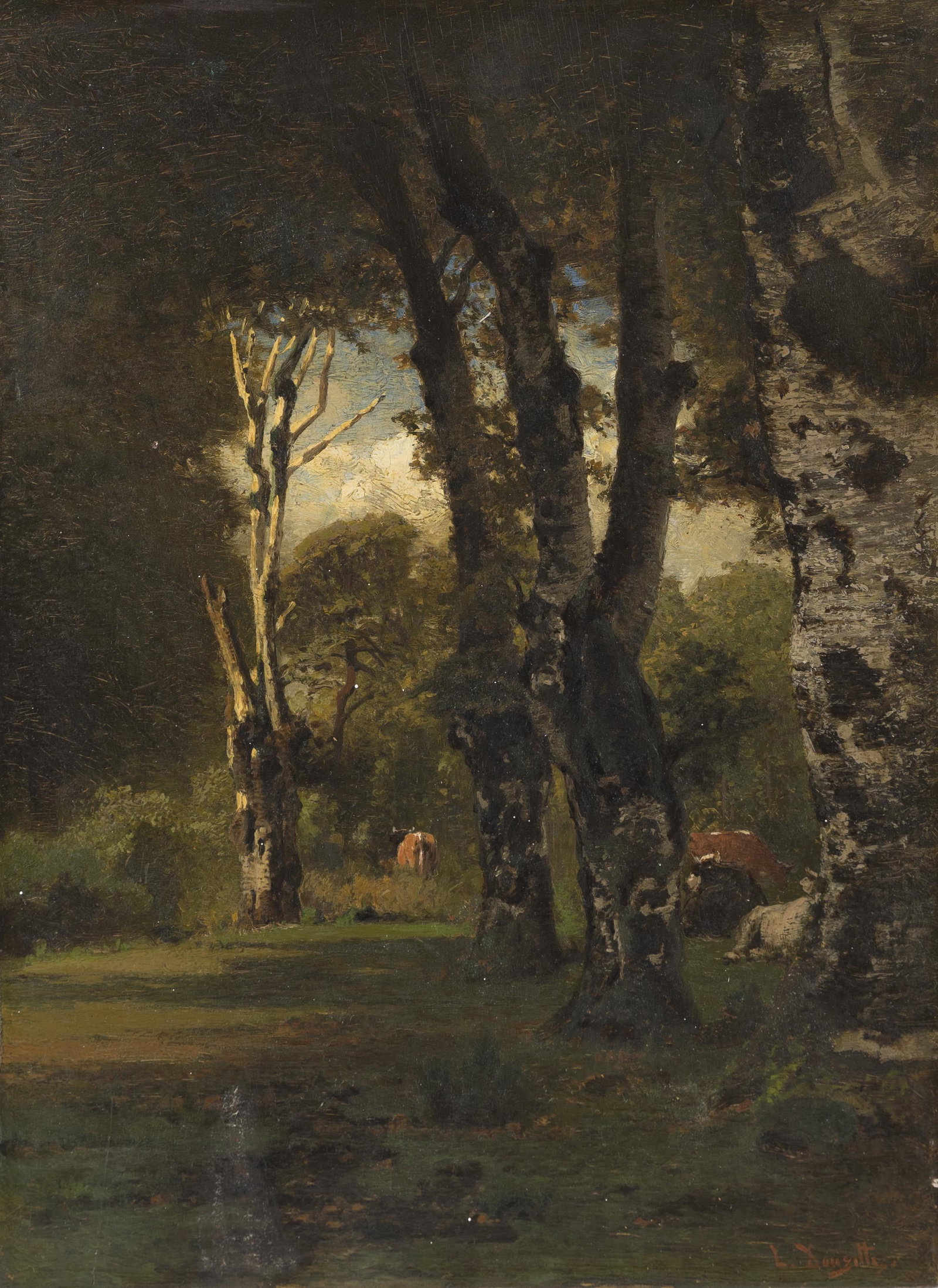 Antique French Impressionist 19th Century Barbizon Cow Landscape Painting: Up for sale here is a really impressive 19th century Barbizon landscape painting with cows grazing. Oil on board. Signed. Unframed. Image size, 11.5L x 16H. ***Please note!! In house shipping prices a