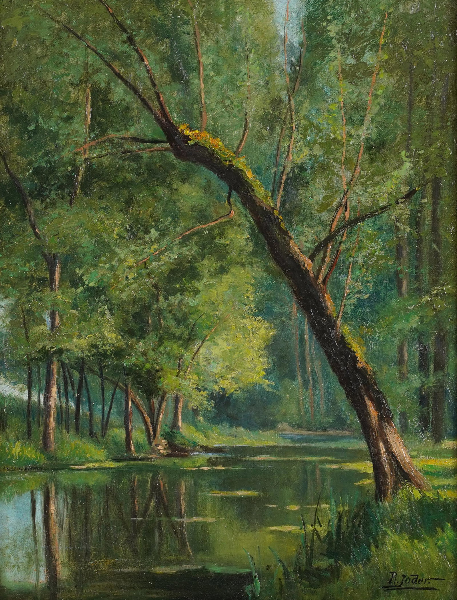Antique Signed Luminous Impressionist Forest River Oil Painting: Nicely painted and framed signed landscape painting. Oil on canvas. Signed. Framed. Image size, 14L x 18.25.