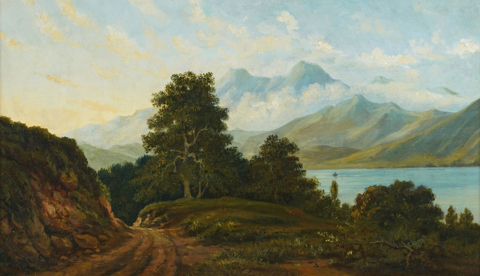 Antique European Landscape Original Mountain River Oil Painting: Antique European landscape painting. Oil on board. Framed. Unsigned. Image size, 19L x 11H. ***Please note!! In house shipping prices are attached!! You are welcome to pick up in house for free!! We m