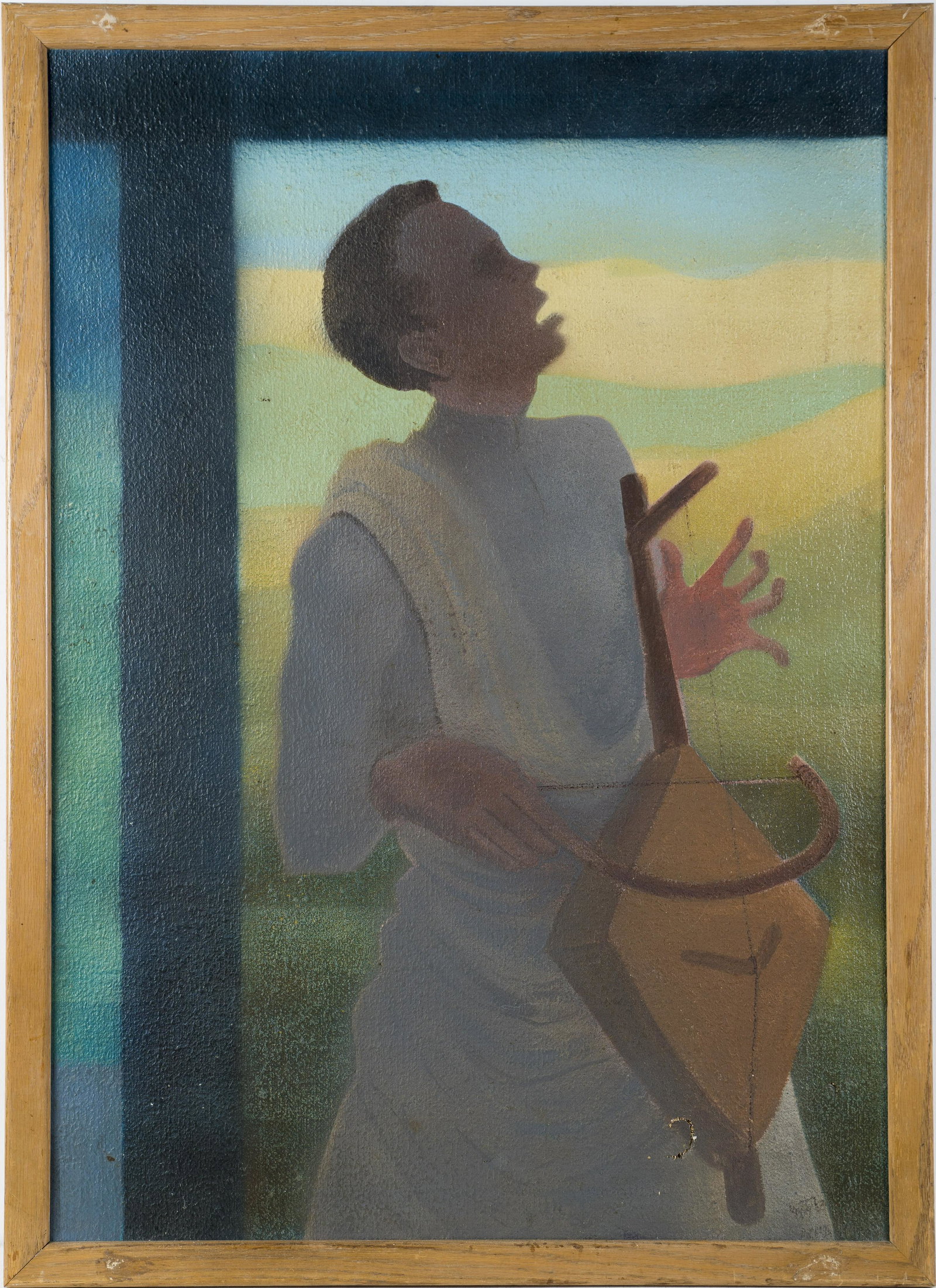 American Modernist Cloaked Musician: Old American modernist school oil depicting a robed musician set against a color field landscape. Unsigned. Oil on canvas. 34 x 24 inches. Overall 36 x 26 inches. ***Please note!! In house shipping pr