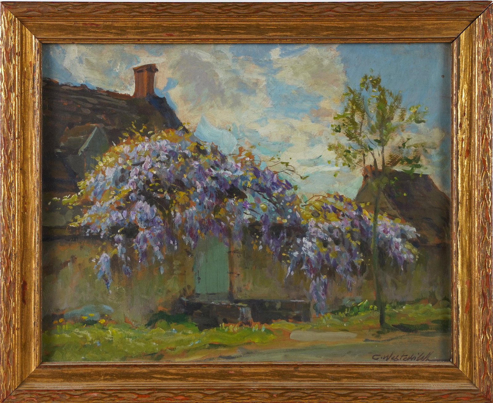 Constantin Westchiloff Signed European Flower Landscape Oil Painting: Nicely painted and impressive impressionist painting by Constantin Alexandrovitch Westchiloff (1877 - 1945). Oil and gouache on board. Signed. Framed. Image size, 13.5L x 10.5H.