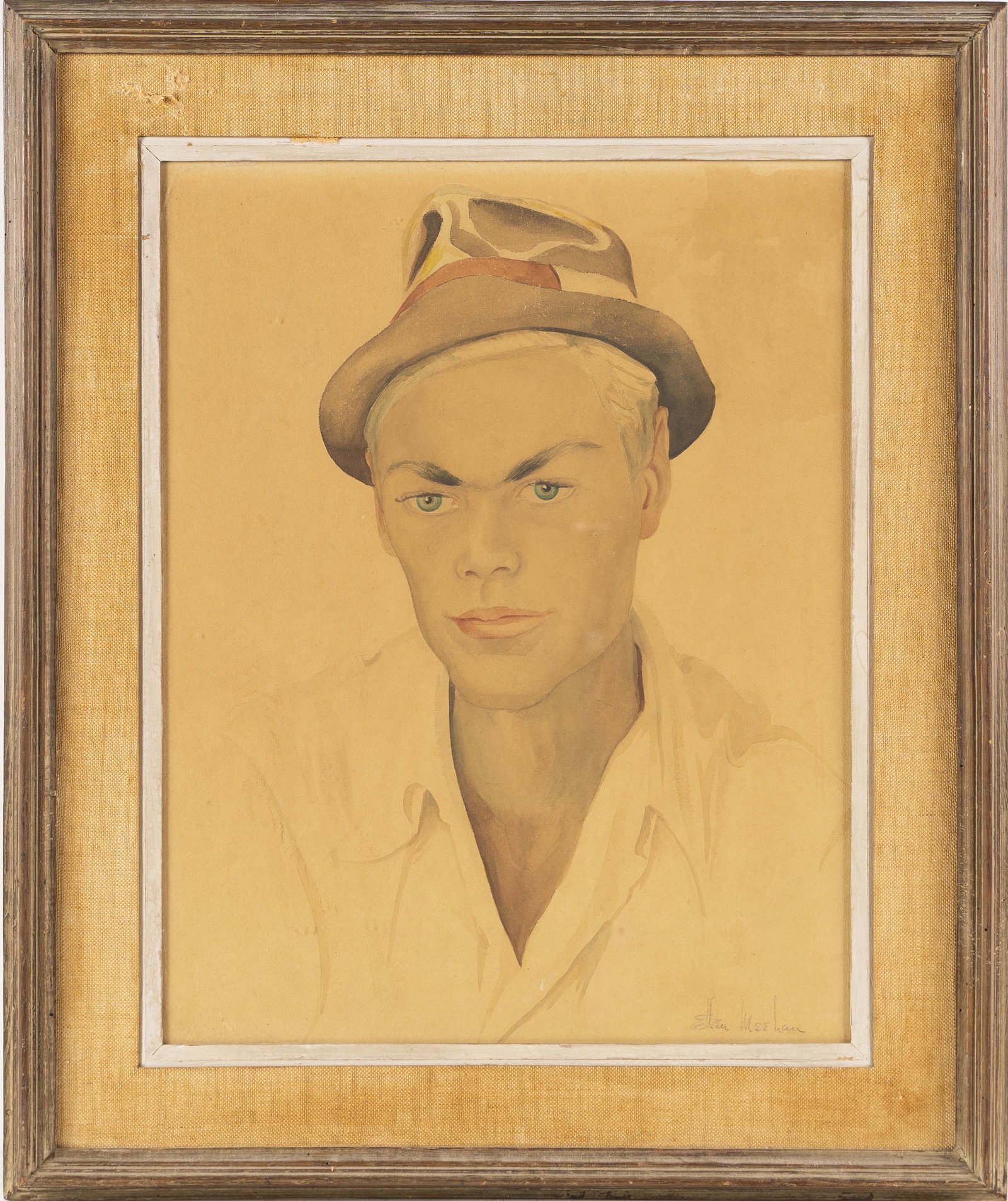 Handsome Blond Hair Blue Eye Young Male Portrait Painting: Finely painted American school portrait painting. Watercolor and gouache on paper. Framed. Signed lower right. ***Please note!! In house shipping prices are attached!! You are welcome to pick up in ho