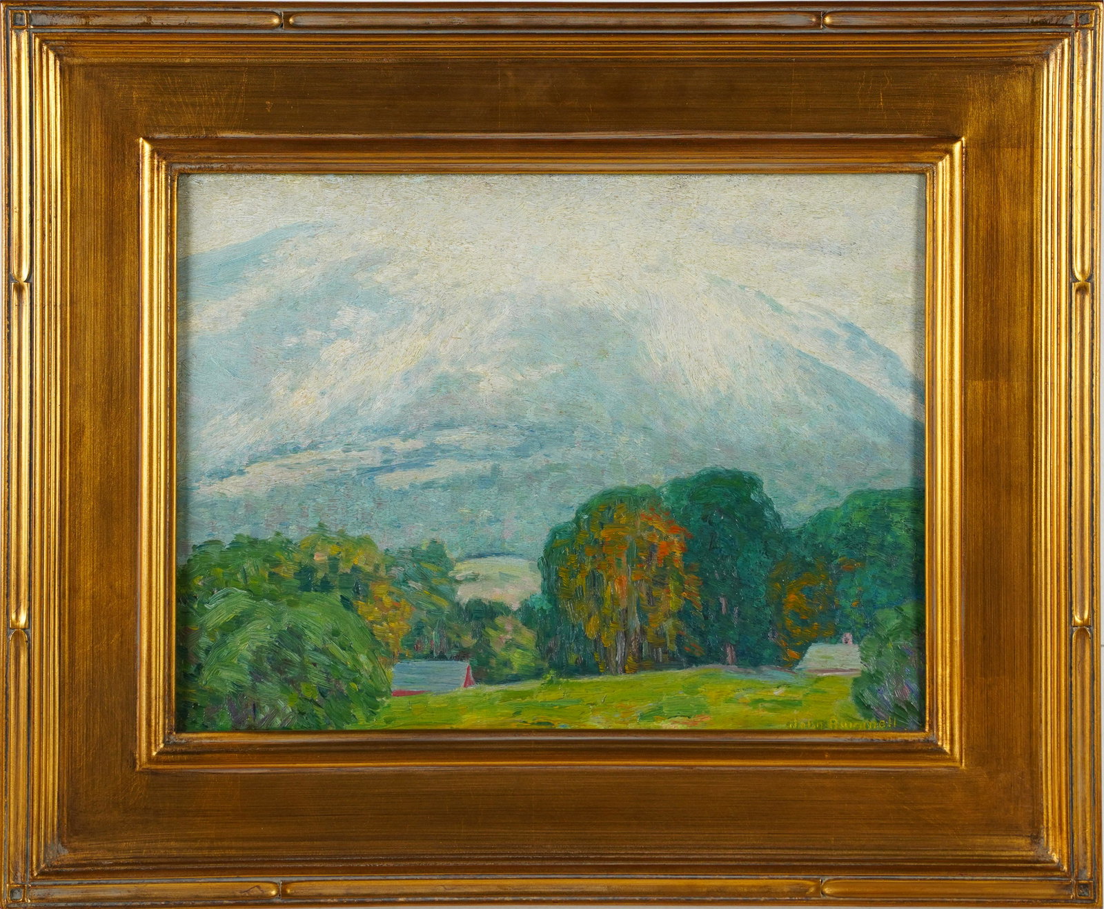 John Rummell Signed Misty Mountain Top New York Landscape Oil Painting: Nicely painted impressionist landscape by John Rummell (1861 - 1942). Oil on board. Framed. Signed. Image size, 16L x 12H.***Please note!! In house shipping prices are attached!! You are welcome to pi