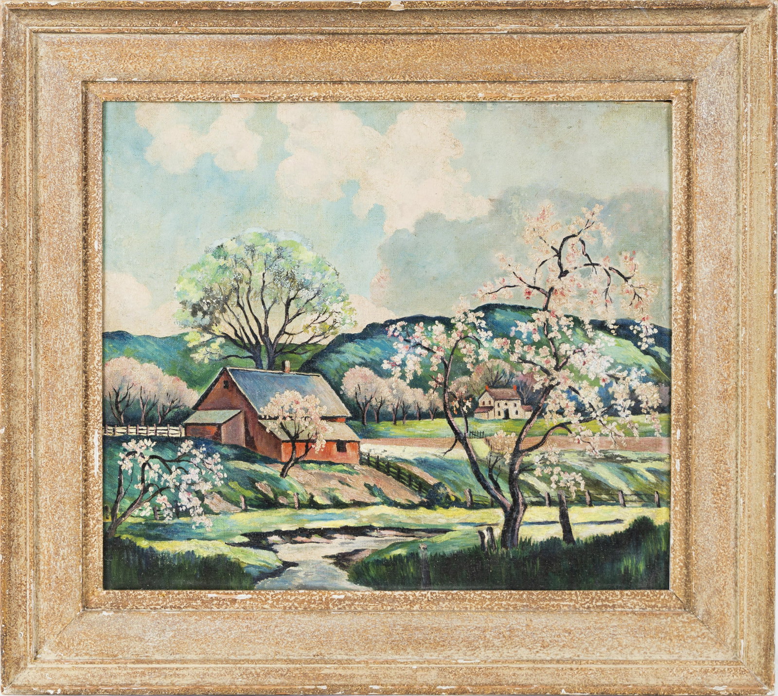 American Blossoming Farm Modernist Regional Oil Painting: Antique American school modernist oil painting depicting a barn among rolling hills and blossoming trees. American Regionalist unsigned mystery! Oil on canvas board 14 x 16 inches. Overall 19 x 21 inc