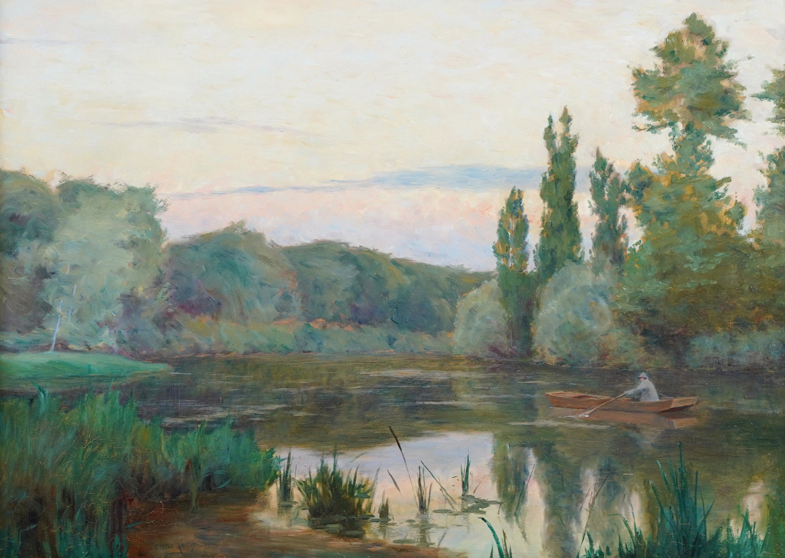 Antique Gaston Knecht French Impressionist Sunset Lake Fine Oil Painting: Antique French impressionist landscape oil painting by Gaston Knecht (1875 - 1968). Very nicely painted with great color. Signed. Framed. Image size, 15.75 by 21.75.