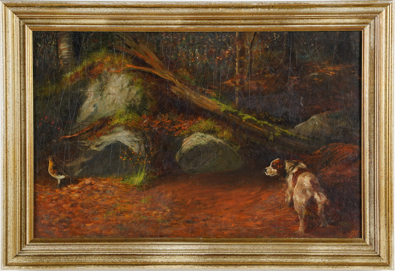 Antique American School Hunting Dog Bird Original Landscape Oil Painting: Antique American woodland interior scene with a bird and hunting dog. Very finely painted. Signed in monogram. Nicely framed. Image size, 22L x 14H. ***Please note!! In house shipping prices are attac