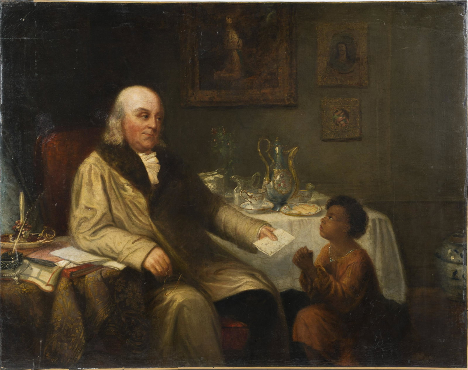 Amazing Early American Ben Franklin and African American Boy: A magnificent and rare antique American school painting depicting Benjamin Franklin handing a black boy a letter, possibly freeing a slave. We have not seen a painting of this quality and subject outs