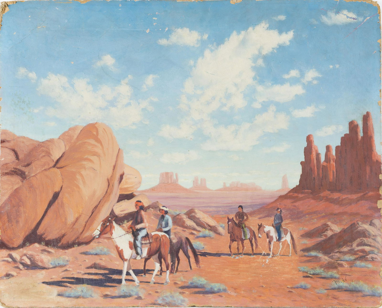 Antique American Western Taos School New Mexican Native Indian Oil Painting LARGE: Up for sale here is an impressive early 1900's western landscape. Very well painted and impressive. Oil on board. Signed. Unframed. Image size, 30L x 24H