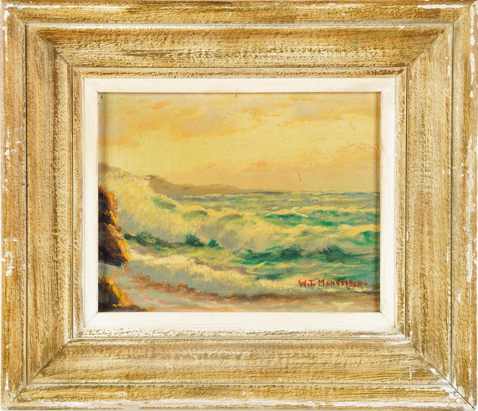Warren Mansfield Signed American Impressionist California Ocean Seascape Painting: Vintage and nicely framed seascape by Warren T. Mansfield. Oil on board. Signed. Framed. Image size, 10L x 8H. ***Please note!! In house shipping prices are attached!! You are welcome to pick up in ho