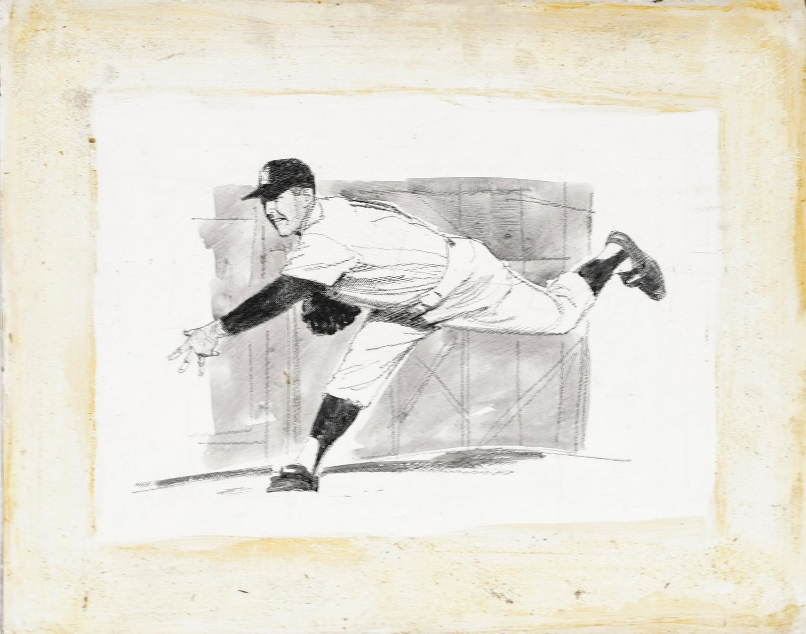 American School Baseball Pitcher Illustration: A really dynamic pencil and ink drawing capturing a pitcher in the moment after he has thrown the baseball. Well done work by an early American School illustrator. The work is unsigned. Ink on board. 