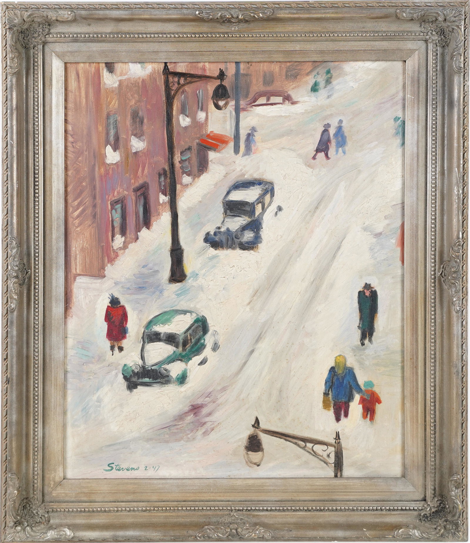 American School Folk Art Winter Cityscape Signed Snow Scene Oil Painting: Nicely painted winter cityscape. Oil on board. Signed. Framed. Image size, 16L x 20H. ***Please note!! In house shipping prices are attached!! You are welcome to pick up in house for free!! We may als