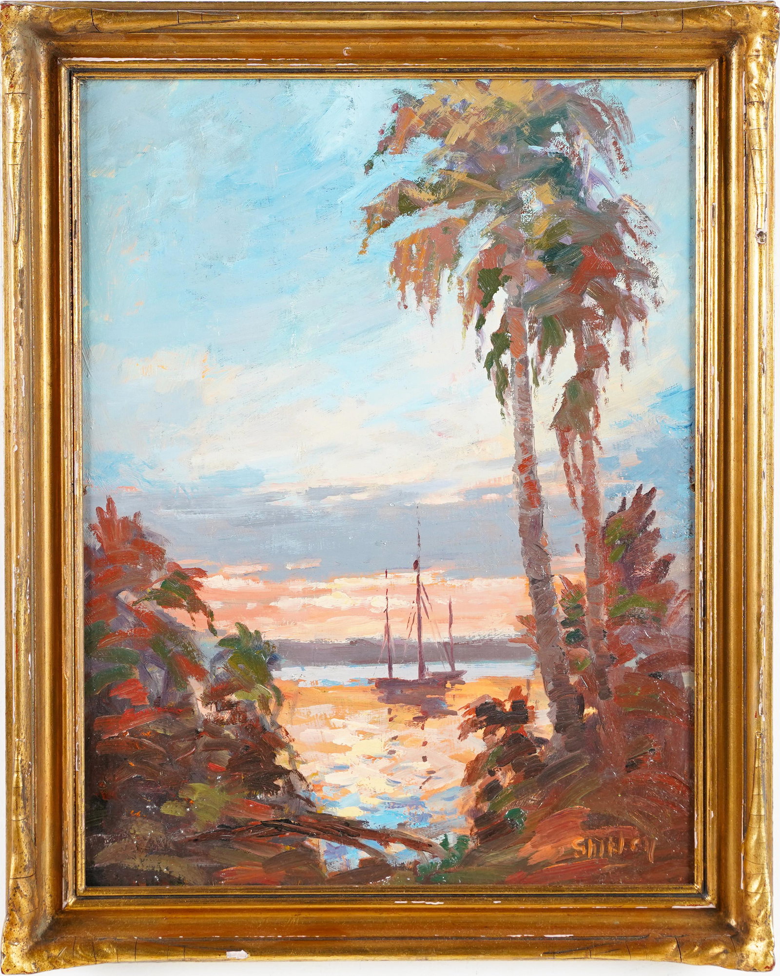 Antique American School Tropical Sunset Signed Seascape Oil Painting: A nice early 20th century American School tropical oil painting. Depicting a view through palm trees to a cove and sail boat at sunset. Signed illegibly lower right. Great original gold gilt period fr
