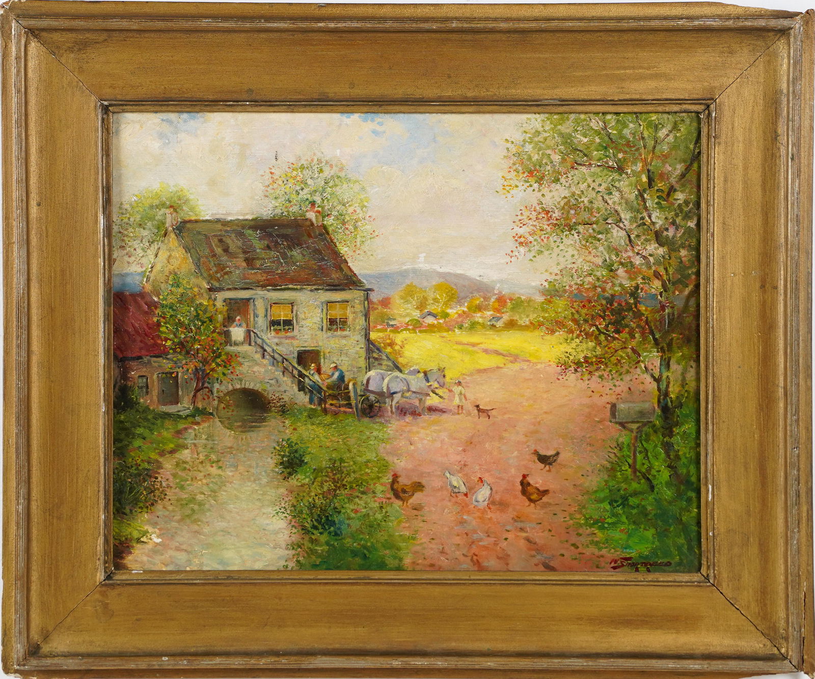 Signed American School Folk Art Chicken Farm Landscape Oil Painting: Antique American school folk art farm painting. Oil on board. Signed. Framed. Image size, 13H x 16L. ***Please note!! In house shipping prices are attached!! You are welcome to pick up in house for fr