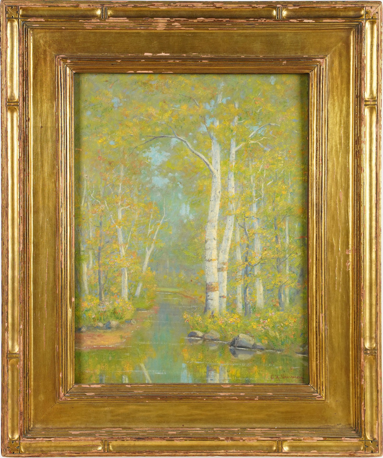 Newcomb Macklin Frame Signed Antique Impressionist Landscape Oil Painting: American impressionist landscape oil painting. Oil on board. Signed lower right. Image size, 12L x 16H. ***Please note!! In house shipping prices are attached!! You are welcome to pick up in house for