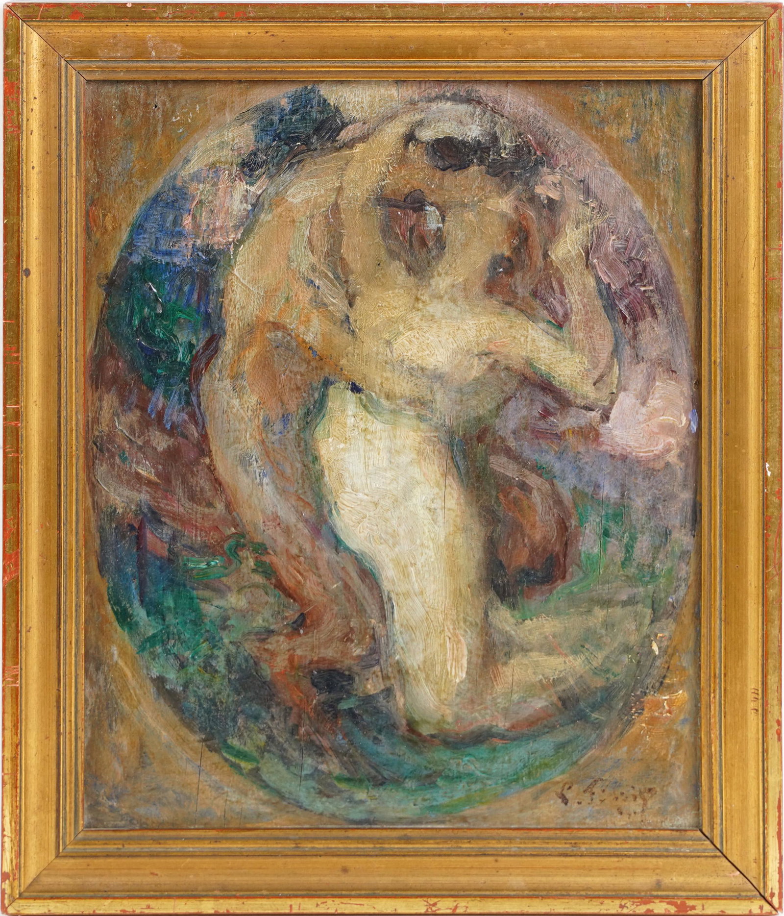 Signed P. Figari Original French Impressionist Lover Embrace Nude Portrait Painting: Nicely painted with great colors and expression. Impressive in person! Oil on board. Framed. Image size, 8.5L x 10.5H. ***Please note!! In house shipping prices are attached!! You are welcome to pick 