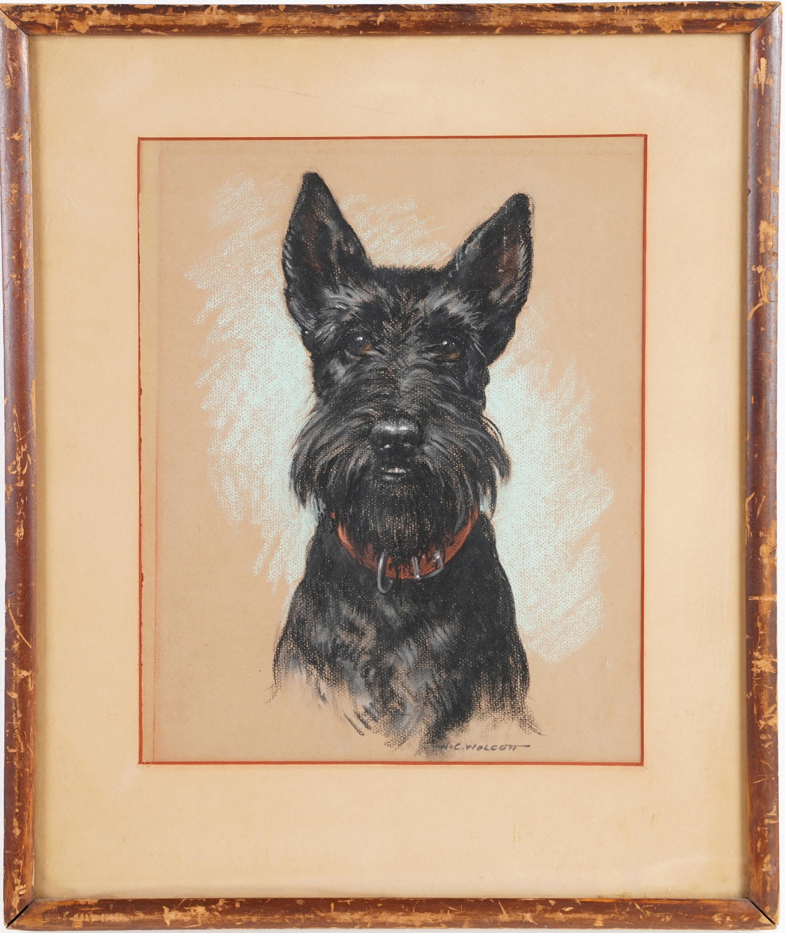 Harold Walcott Scottish Terrier Antique NY Artist Pastel Painting: Harold Walcott (1898 - 1977) A lifelike pastel by an important NY artist depicting a black Scottie dog. Signed lower right. Pastel on paper. Sight size 15 x 12 inches. Overall 22 x 18 1/2 inches.