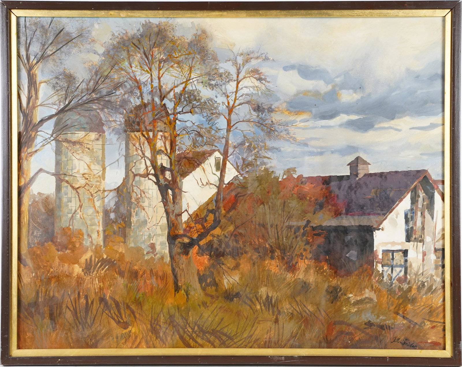 American School Mixed Media Regionalist Fall Farm View Signed Painting: Very nicely painted with great color and perspective. Watercolor, gouache and oil on board. Signed lower right. Framed. Image size, 36.5L x 28.5H.