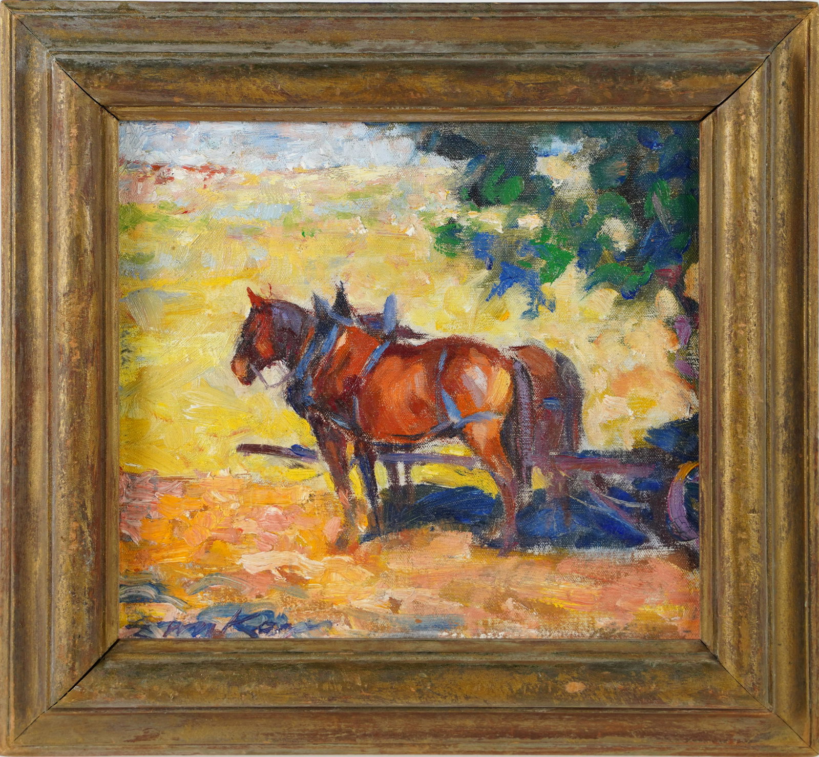American School Exhibited Signed Horse Landscape Original Painting: Finely painted impressionist horse landscape. Oil on canvas. Signed. Partial label verso. Framed. Image size, 10L x 9H. ***Please note!! In house shipping prices are attached!! You are welcome to pick