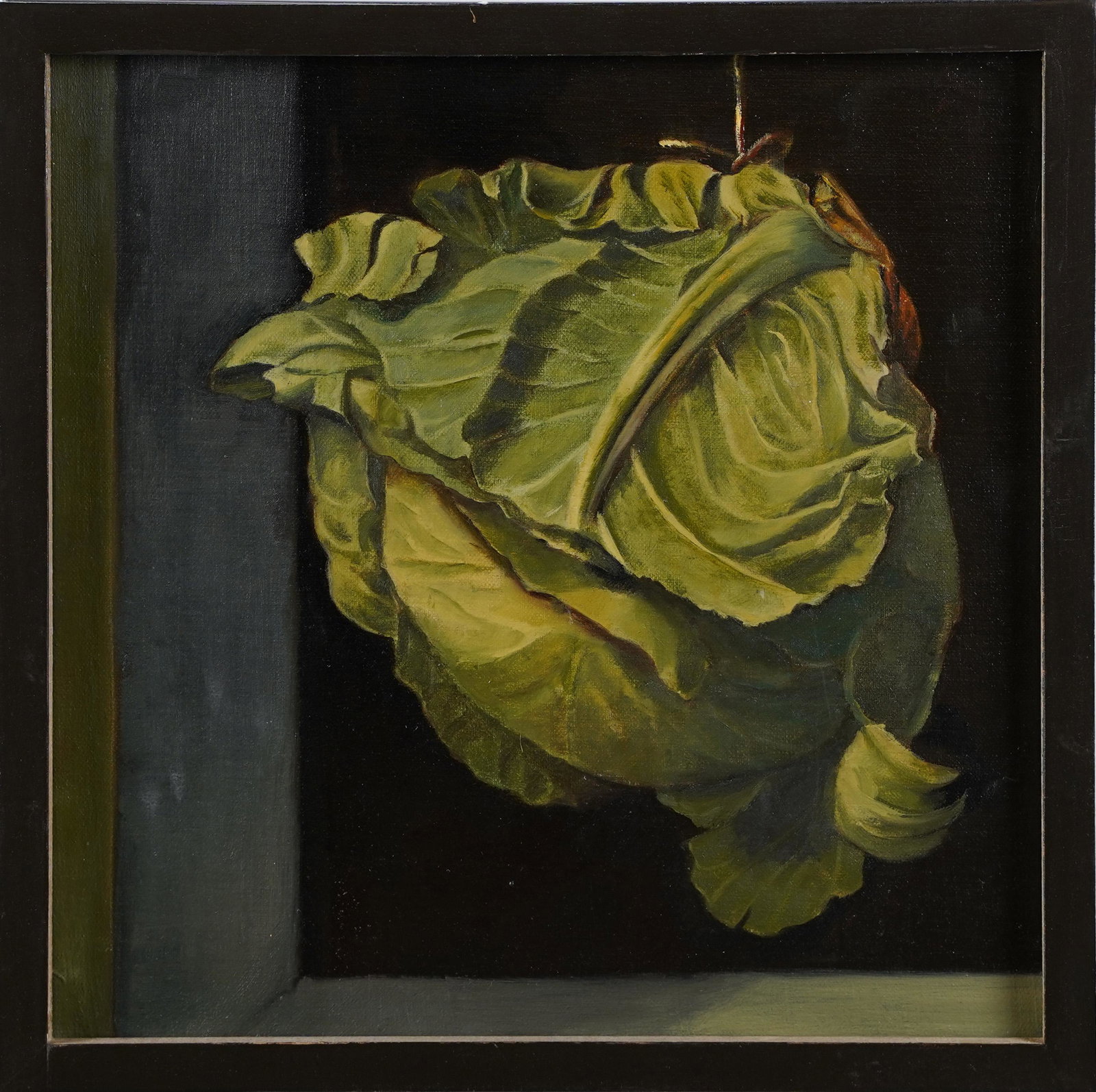 American School Modernist Hanging Cabbage Signed Still Life Oil Painting: Vintage American school cabbage still life painting. Very well done! Housed in a very deep shadow box frame. Impressive and unusual package. Image size, 15L x 15H.