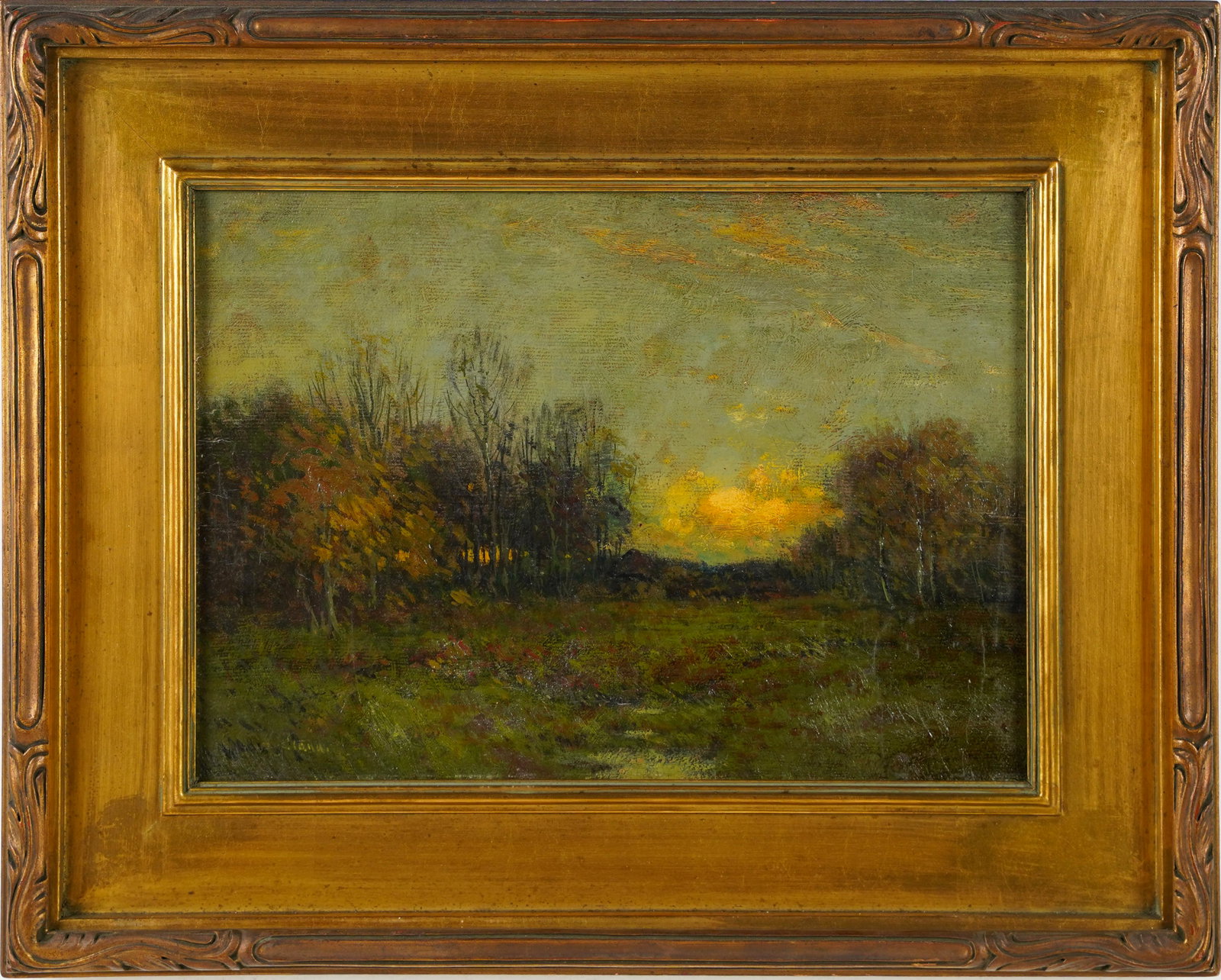 American Impressionist Sunset Tonalist Landscape Period Frame Signed Oil Painting: Up for sale here is a really impressive and important feeling tonalist landscape painting. Oil on board. Signed. Housed in a great period arts and crafts impressionist frame. Image size, 10.25H by 14.