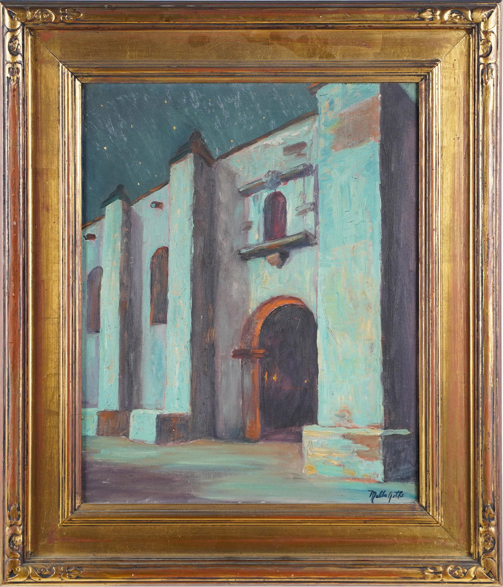 Melba Rothe Signed California Mission Landscape Nocturnal Star Lit Sky Painting: Great and rare early California painting by Melba Ellen Davis Rothe (1901 - 1995). Oil on canvas. Finely framed in a period arts and crafts giltwood impressionist frame. Signed. Image size, 16L x 20H.